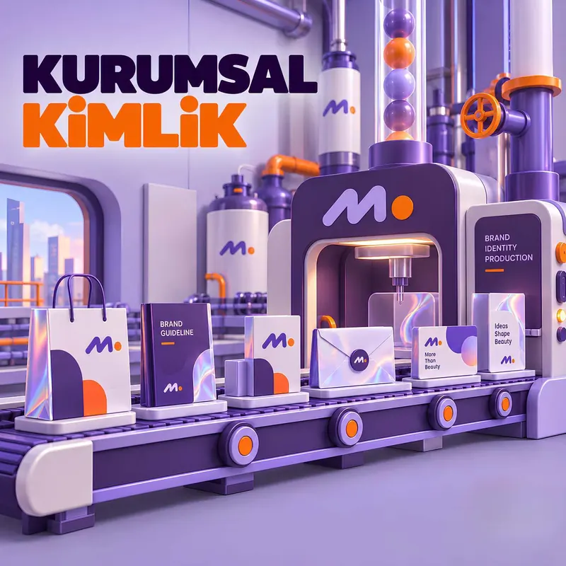 KURUMSAL KİMLİK yazılı, marka kılavuzu, çanta ve kartvizitlerin üretildiği 3D bant